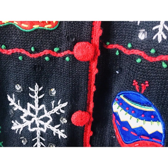 NUT CRACKER UGLY CHRISTMAS MITTENS HATS BLING ELEGANT Holiday SWEATER SZ L - Picture 8 of 12